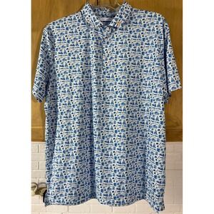 Fore Fathers Polo Shirt Mens XL White Blue Construction‎ Print Tindall SS